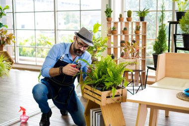 Bıyıklı, yaşlı ve yakışıklı bir adam ağaç bakımıyla mutlu olur. Evde bahçıvanlık hobisi. Emeklilikten sonra mutlu yaşamak. Doğa ve çevre kavramları.