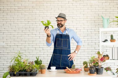 Bıyıklı, yaşlı ve yakışıklı bir adam ağaç bakımıyla mutlu olur. Evde bahçıvanlık hobisi. Emeklilikten sonra mutlu yaşamak. Doğa ve çevre kavramları.
