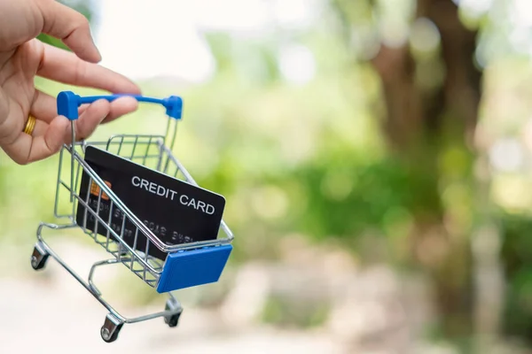 Credit Card Hand Holding Shopping Cart Credit Card Green Nature — Fotografia de Stock