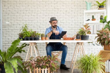 Bıyıklı, yaşlı ve yakışıklı bir adam ağaç bakımıyla mutlu olur. Evde bahçıvanlık hobisi. Emeklilikten sonra mutlu yaşamak. Doğa ve çevre kavramları.