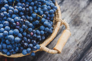 Tahta masadaki sepetin üzerinde üzümler