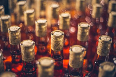 Buz, tatlı şarap şişeleri. Cabernet Franc şarap şişeleri Macar şarap mahzeninde