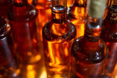 Buz, tatlı şarap şişeleri. Cabernet Franc şarap şişeleri Macar şarap mahzeninde