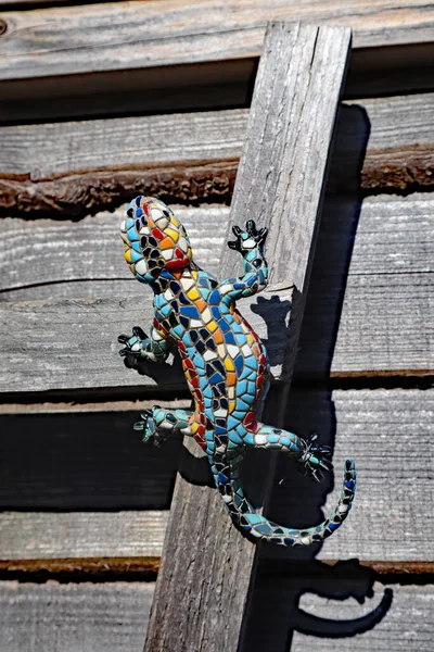 Salamandra Modelo Cerâmica Colorida Sobe Uma Treliça Jardim Inglês — Fotografia de Stock
