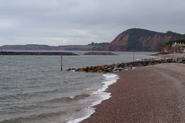 Misty Overcast Day Beach Sidmouth Looking West Peak Hill Onward — Stockfoto