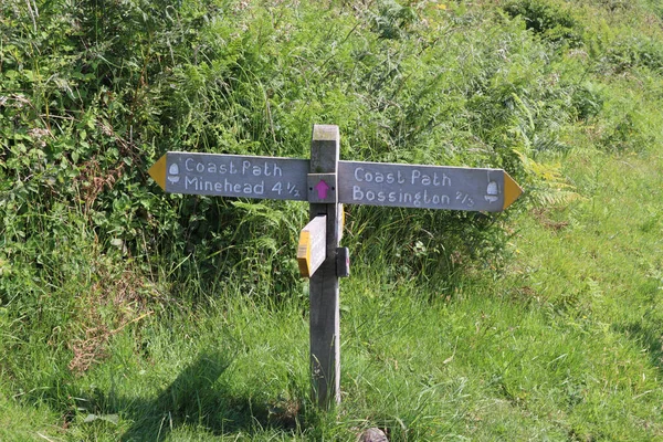 Wooden Sign Marking Coastal Path Minehead Bossington — Zdjęcie stockowe
