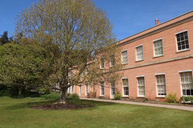 Many windows on the side of a pink English country house