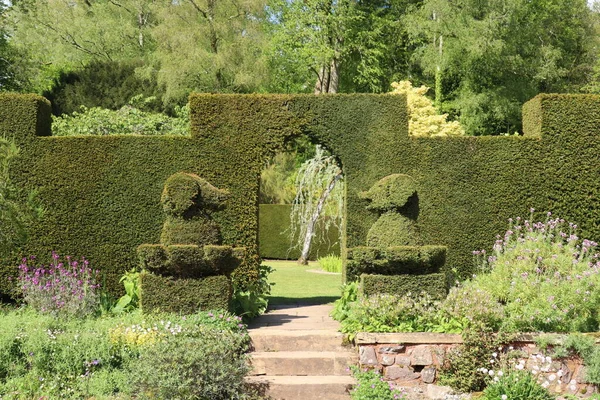 Two Topiary Dogs Stand Guard Archway Hedge English Country House — Fotografia de Stock