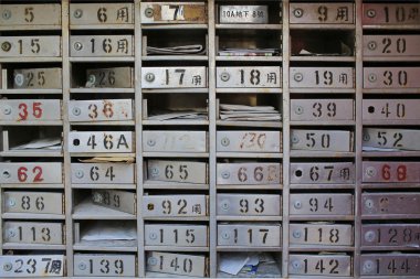 Old vintage metal made, ruined traditional chinese empty or full mailboxes clipart