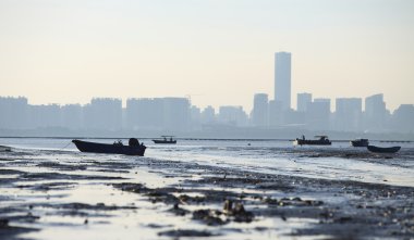 Şehir silueti manzarası ile gelgit sahil