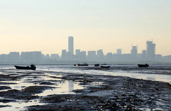 Skyline van silhouet met de getijde kust — Stockfoto