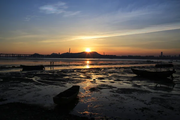 ハ ナイ朴セリは湿地、深セン湾で津波の夕日橋、香港でオイスター フィールド シーン — ストック写真