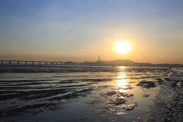 Západ Slunce Nízké Přílivové Vlny Pak Nai Mokřady Shenzhen Bay — Stock fotografie