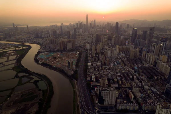 Shenzhen Panorama Pohled Hranice Hong Kong Tso Lung Oblasti — Stock fotografie