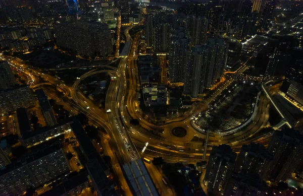 Überfülltes Haus Mit Lichtspur Aus Drohnensicht Hongkong — Stockfoto