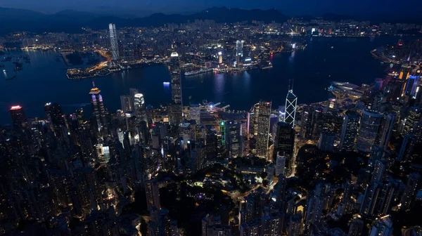 Zona Commerciale Centrale Con Victoria Harbour Drone Notte — Foto Stock