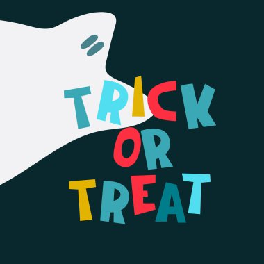 Cadılar Bayramı tebrik kartı. Şaka mı şeker mi el yazısı, komik hayaletin resmi.