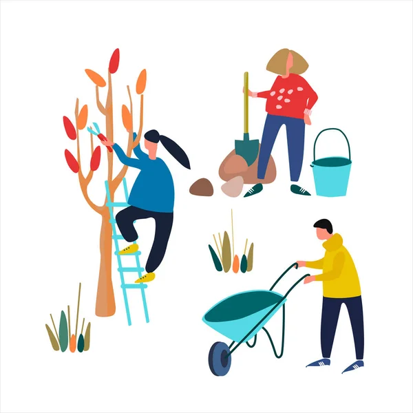 La gente haciendo trabajos de jardinería de otoño. Conjunto de ilustraciones vectoriales en estilo plano — Archivo Imágenes Vectoriales