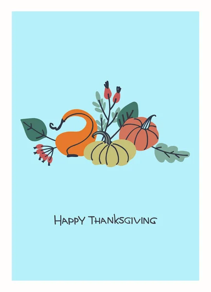 Diseño de la tarjeta de felicitación del Día de Acción de Gracias. Letras de mano decoradas con calabazas y bayas sobre fondo turquesa — Archivo Imágenes Vectoriales