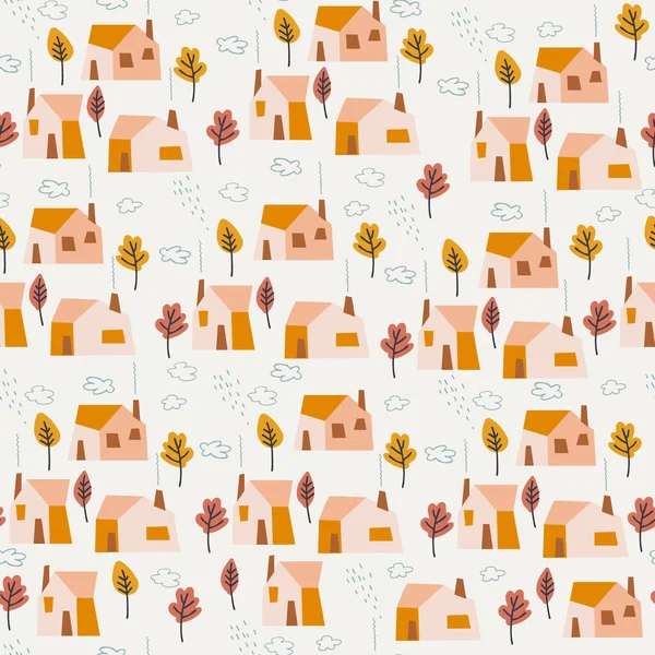 Seamless pattern with country houses, trees in yellow, rainy clouds. Cozy background, rural autumn concept — Stock Vector