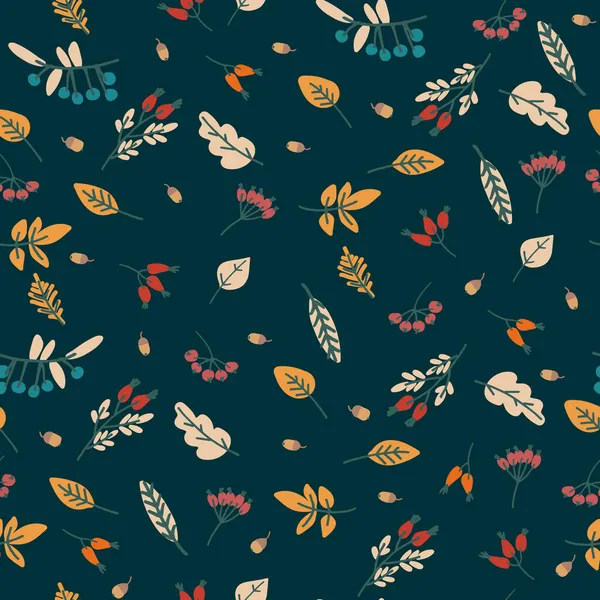 Nahtloses Muster mit Beeren und Blättern auf dunklem Hintergrund. Herbstnächtliches Konzept — Stockvektor