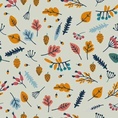 Yapraklar, böğürtlenler, strobiler, açık renkli arka planda meşe palamudu. Sonbahar orman konsepti