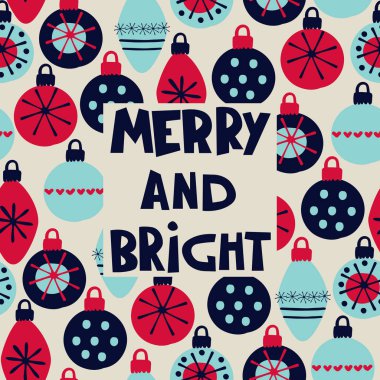 Noel tebrik kartı. Neşeli ve Parlak el harfleri, İskandinav tarzı mücevherler.