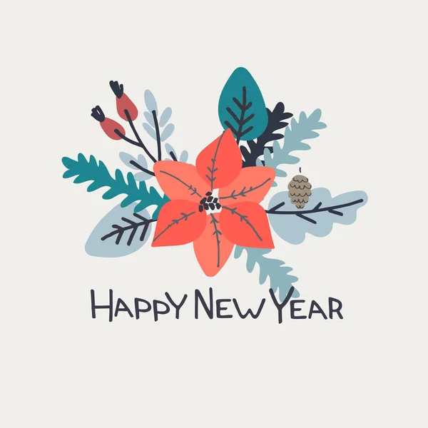 Bonne année 2022 carte de vœux. Design élégant avec sapins dessinés à la main et lettrage à la main — Image vectorielle