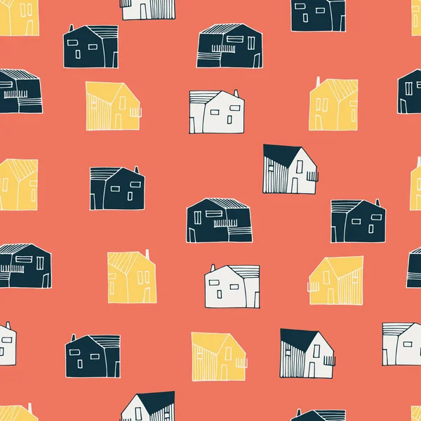 Seamless pattern with small houses on pink background — Stock Vector
