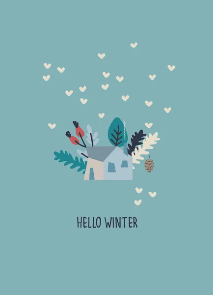겨울 계절 삽화. 기분 카드좋네. 안녕 하 세요, 손 글씨, 시골 집, 스타일 나무, 눈 — 스톡 벡터