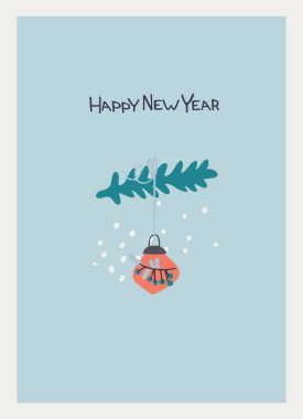 Mutlu yıllar tebrik kartı. El yazısı, kar taneleri, köknar ağacı dalı, takı süsü olan minimalist tasarım.