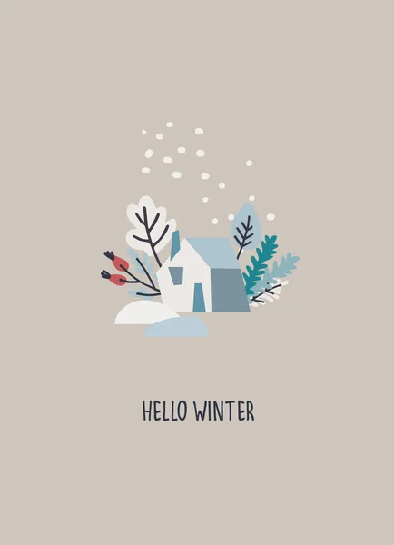 겨울 계절 삽화. 기분 카드좋네. 안녕 하 세요, 손 글씨, 시골 집, 스타일 나무, 눈 — 스톡 벡터