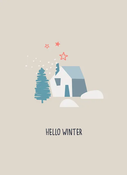 겨울 계절 삽화. 기분 카드좋네. 안녕, 겨울 손 글씨, 시골 집, 전나무, 눈, 폭죽 — 스톡 벡터