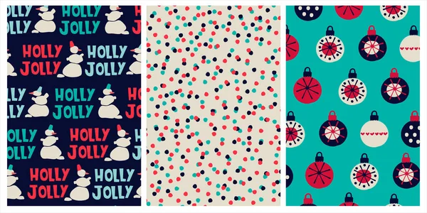 Set of seamless patterns for Christmas wrapping paper. Backgrounds with snowmen, Holly Jolly text, confetti, baubles — Stock Vector