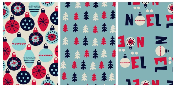 Set of patterns for Christmas wrapping paper. Festive backgrounds with Christmas trees, the lettering Noel, bauble — Stock Vector