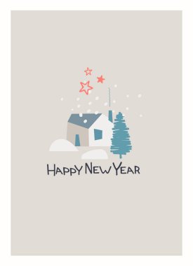 Mutlu yıllar tebrik kartı. Köy evi, köknar ağacı, kar, havai fişek tasarımı