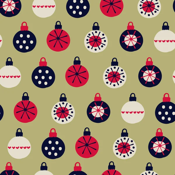 Christmas seamless pattern. Hand drawn baubles decorated with patterns in Scandinavian style on beige background — Stock Vector