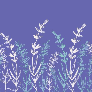 Lavanta bitkileriyle kusursuz sınır deseni, menekşe kırmızısı tonu ile moda mavi, 2022 yılının renkleri