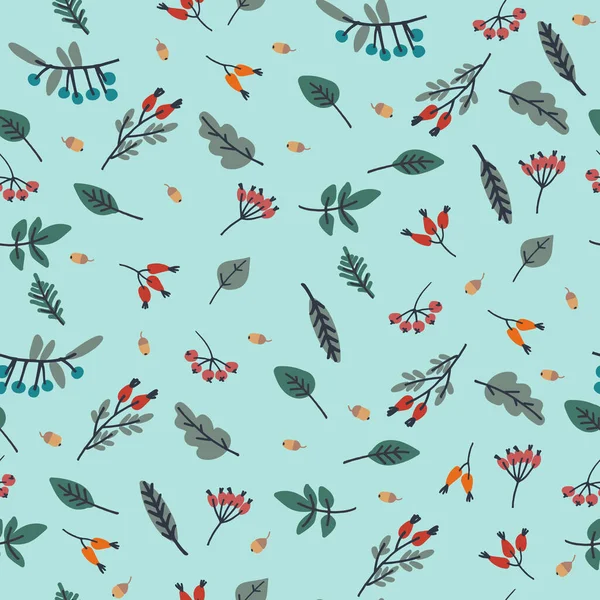 Nahtloses Muster mit Beeren und Blättern auf blauem Hintergrund. Herbstkonzept — Stockvektor