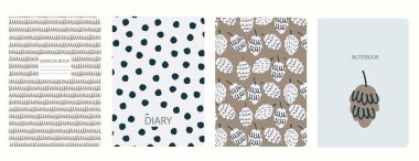 Köknar kozalaklı desenlere dayalı kapak sayfası şablonları, polka nokta, karalama. Başlıklar izole, değiştirilebilir