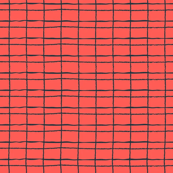 Patrón repetitivo sin costuras con cuadrícula rústica oscura dibujada a mano sobre fondo de color rojo — Archivo Imágenes Vectoriales