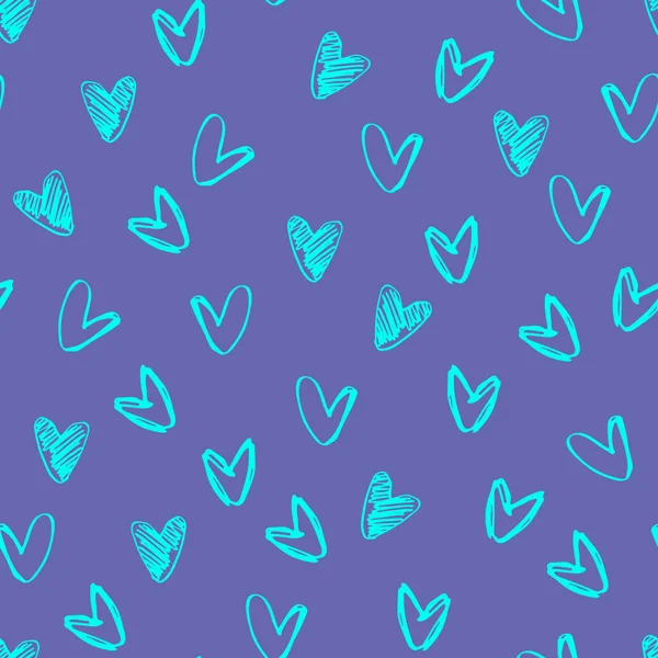Patrón sin costuras. Corazones turquesa dibujados a mano. Muy Peri colores del año 2022. Concepto de San Valentín, concepto de amor — Archivo Imágenes Vectoriales