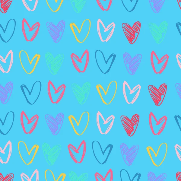 Modello senza soluzione di continuità con file di disegnato a mano multicolore forme del cuore su sfondo blu. Amore, concetto di San Valentino — Vettoriale Stock