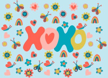 El yazması XOXO. Aşk, Aşk, Sevgililer Günü konsepti. Retro 60 'lar, 70' ler tasarımı
