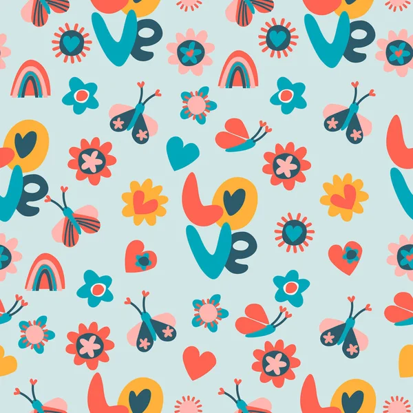 Nahtloses Muster mit Wörtern wie Liebe, Blumen, Herzen, Schmetterlinge, Regenbogen, Sonne. Retro 60er, 70er Jahre Design — Stockvektor