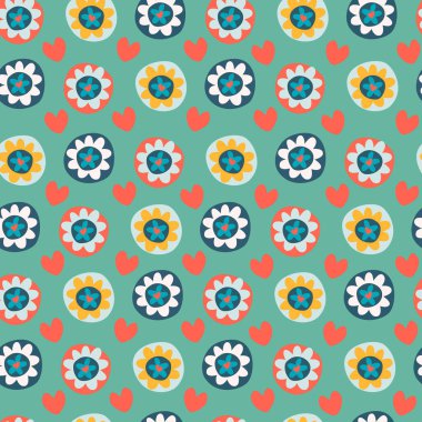 60 'lı yılların sonlarında çiçek ve kalp şeklinde kusursuz bir desen. Sevgililer Günü, aşk, aşk konsepti