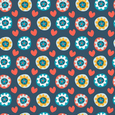 60 'lı yılların sonlarında çiçek ve kalp şeklinde kusursuz bir desen. Sevgililer Günü, aşk, aşk konsepti