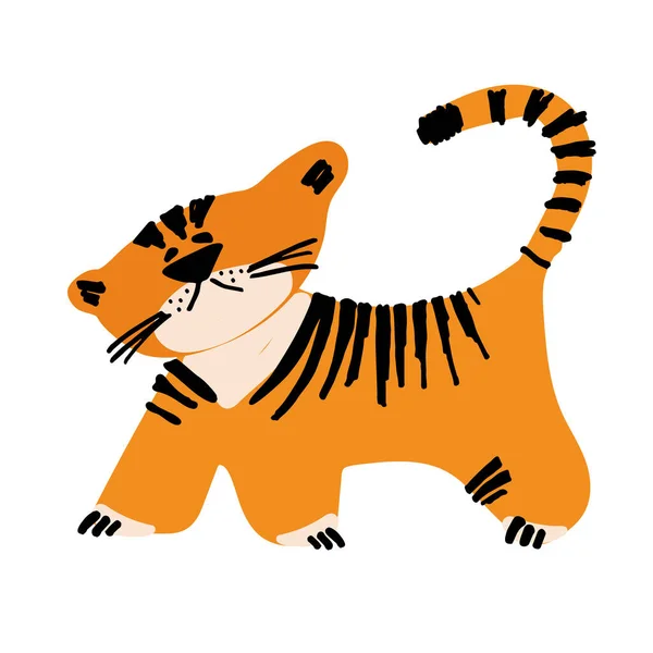 Illustrazione di un simpatico cucciolo di tigre in uno stile semplificato per i bambini. Set di illustrazioni vettoriali in stile cartone animato — Vettoriale Stock