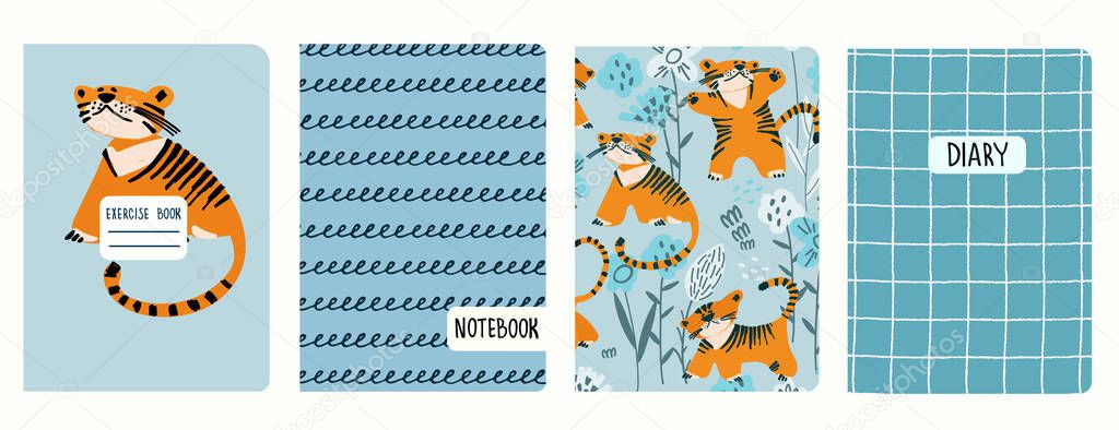 Cover page templates based on illustrations with tigers, checkered and scribbled. Headers isolated, replaceable