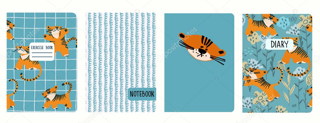 Cover page templates based on illustrations with tigers, checkered and scribbled. Headers isolated, replaceable